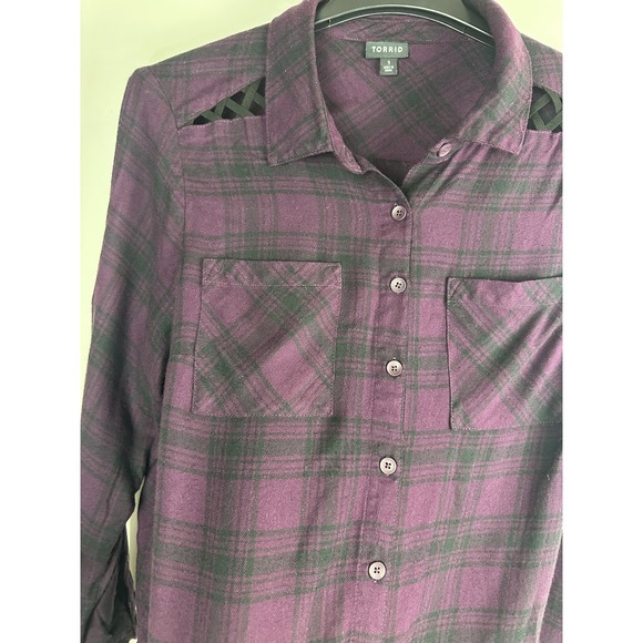 Torrid Purple Black Plaid Button Front Shirt Lattice Shoulder Top Plus Size 1 1X - Picture 3 of 9